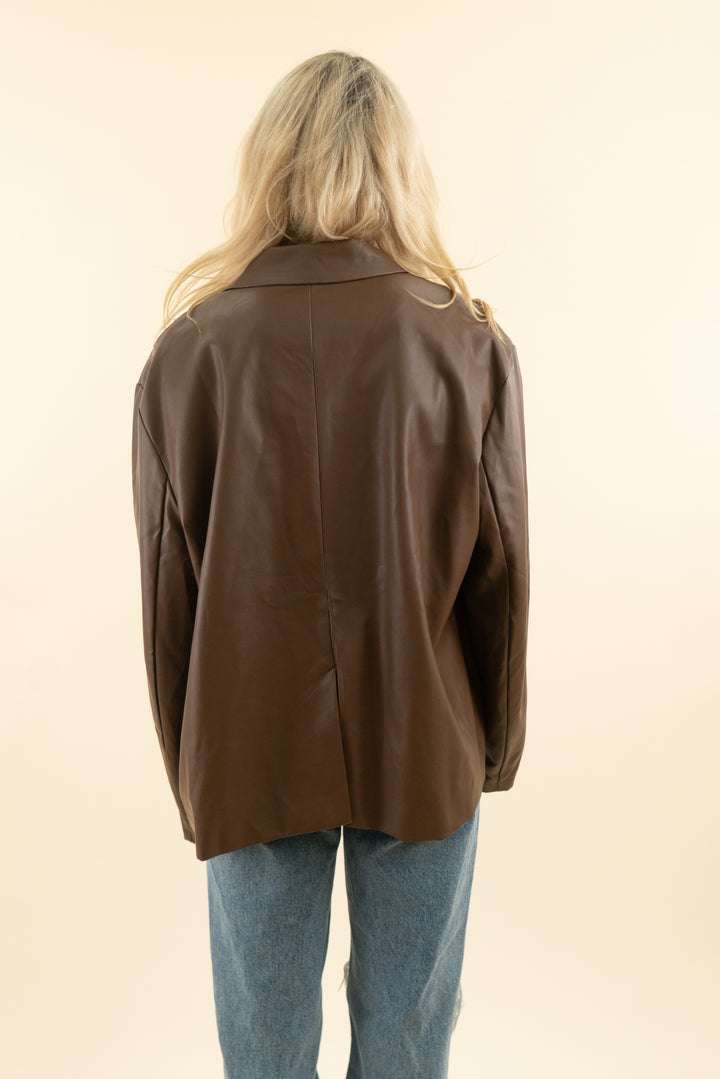 the foxy kind brown faux leather blazer jacket (l; retail $120)