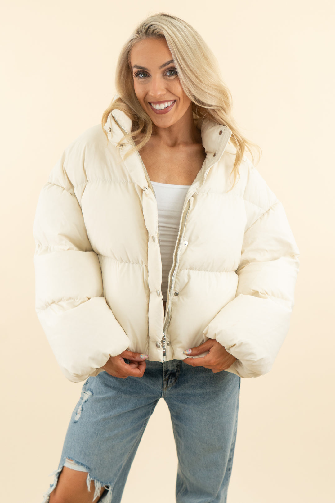 j. ing white short puffer coat (m; retail $104)