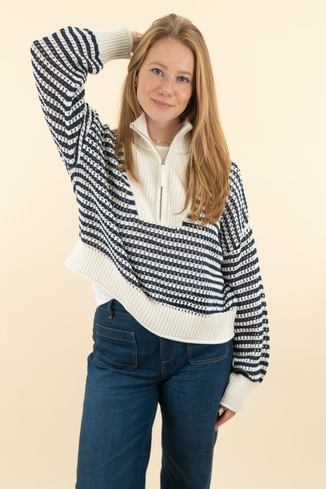 aerie white and blue striped open knit quarter zip sweater nwt (m; retail $64.95)