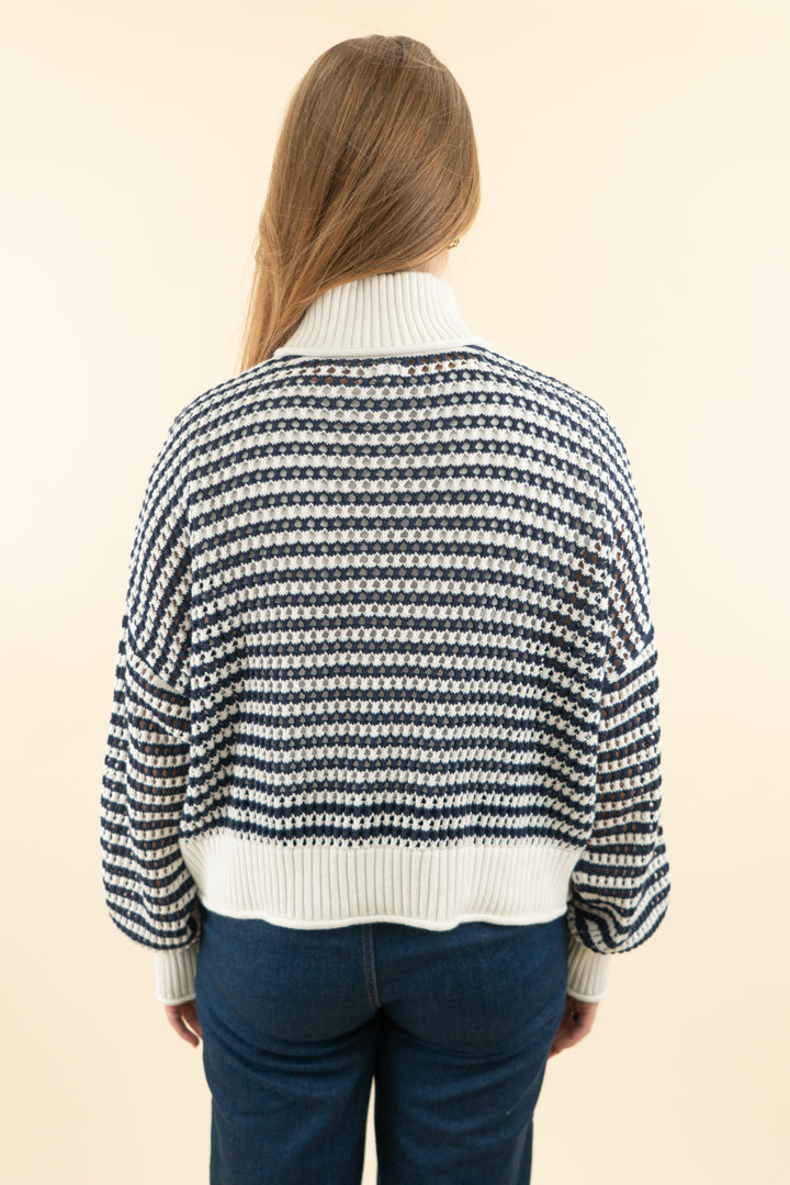 aerie white and blue striped open knit quarter zip sweater nwt (m; retail $64.95)