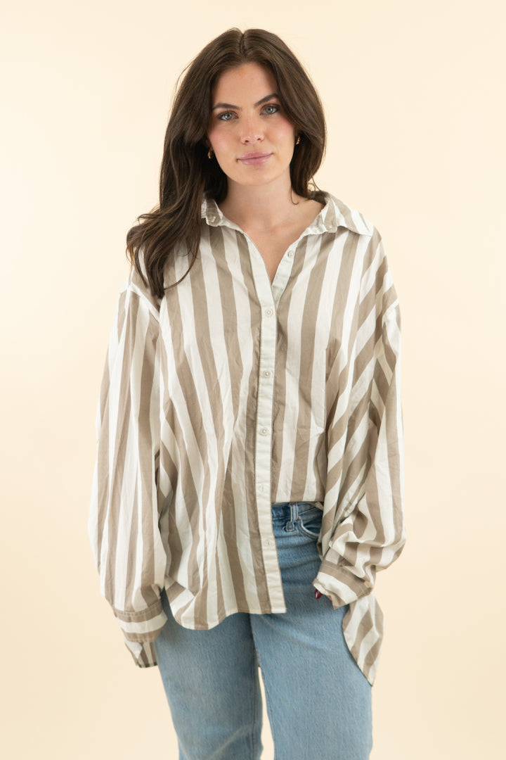 aerie tan & white striped button up (xl; retail $54.95)