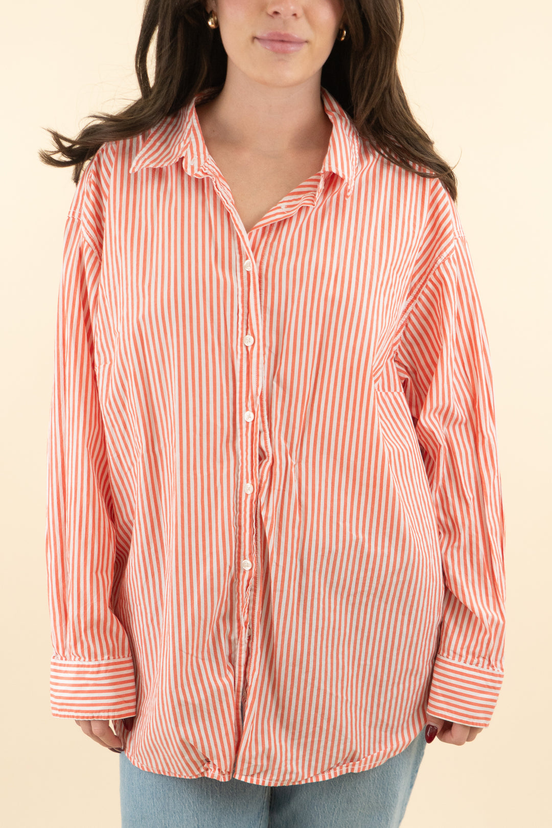 universal thread coral striped button down top (xxl; retail $35)