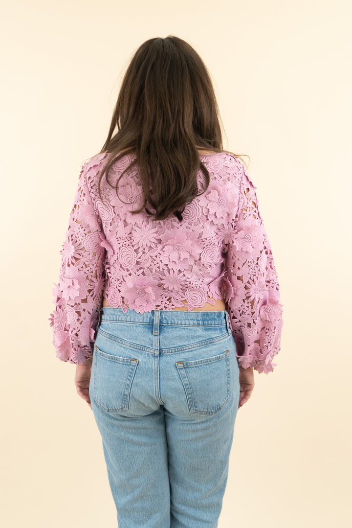 milly lavender floral lace long sleeve crop top (4; retail $400)