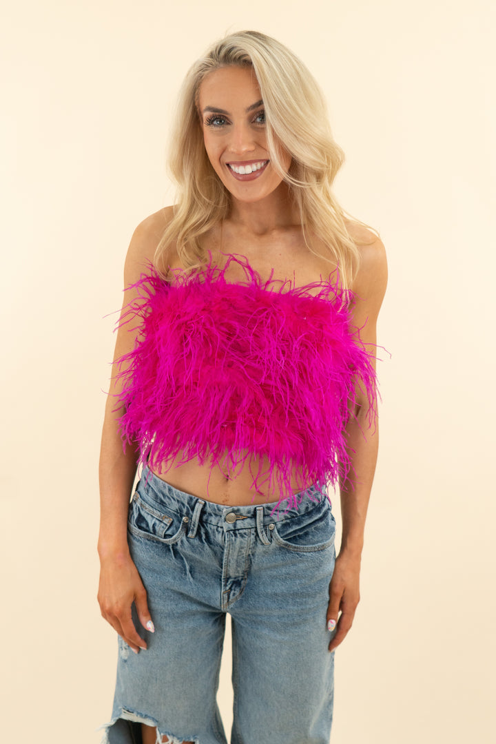 bardot hot pink feather strapless crop top (s; retail $199)
