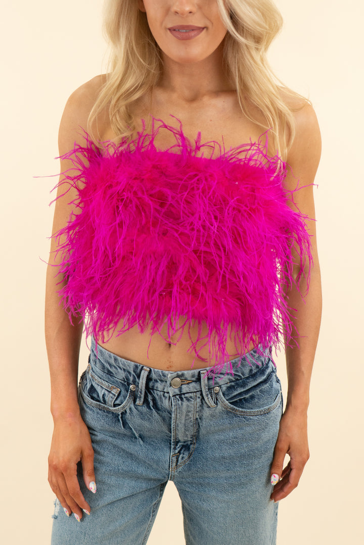 bardot hot pink feather strapless crop top (s; retail $199)