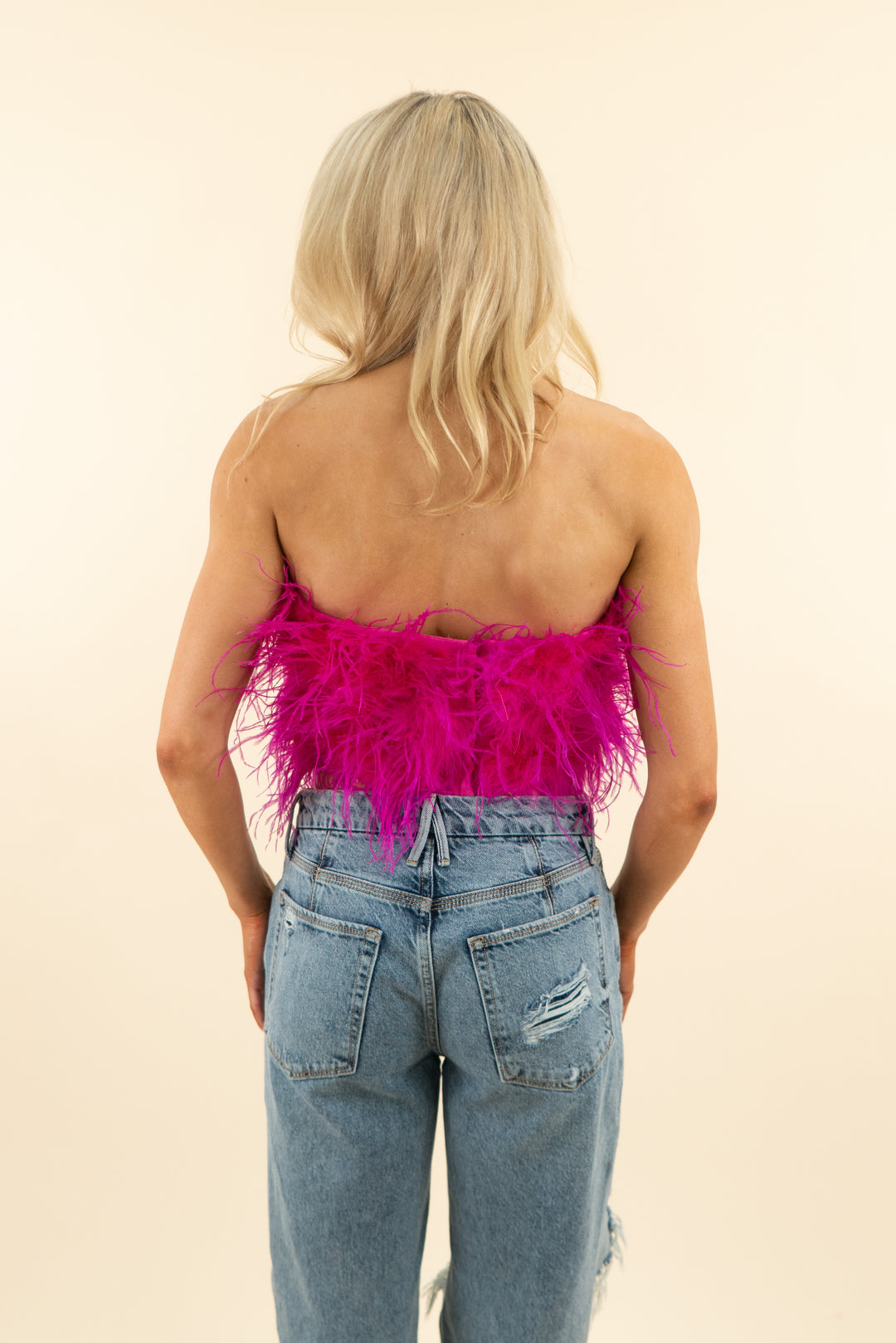 bardot hot pink feather strapless crop top (s; retail $199)