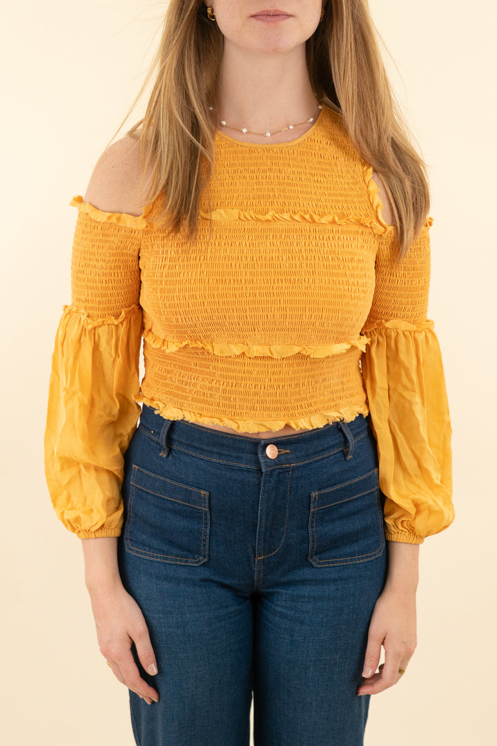 cinq a sept tangerine shirred cold shoulder long sleeve top (s; retail $175)