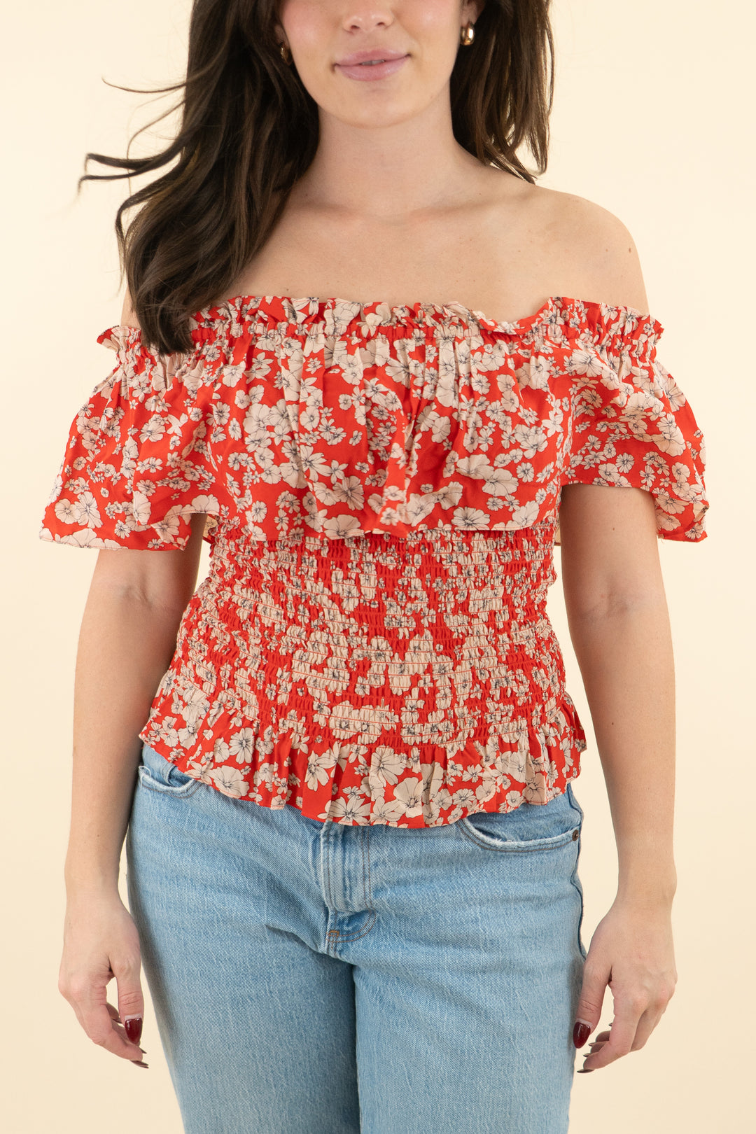 rebecca taylor red floral print shirred off the shoulder top (2; retail $250)