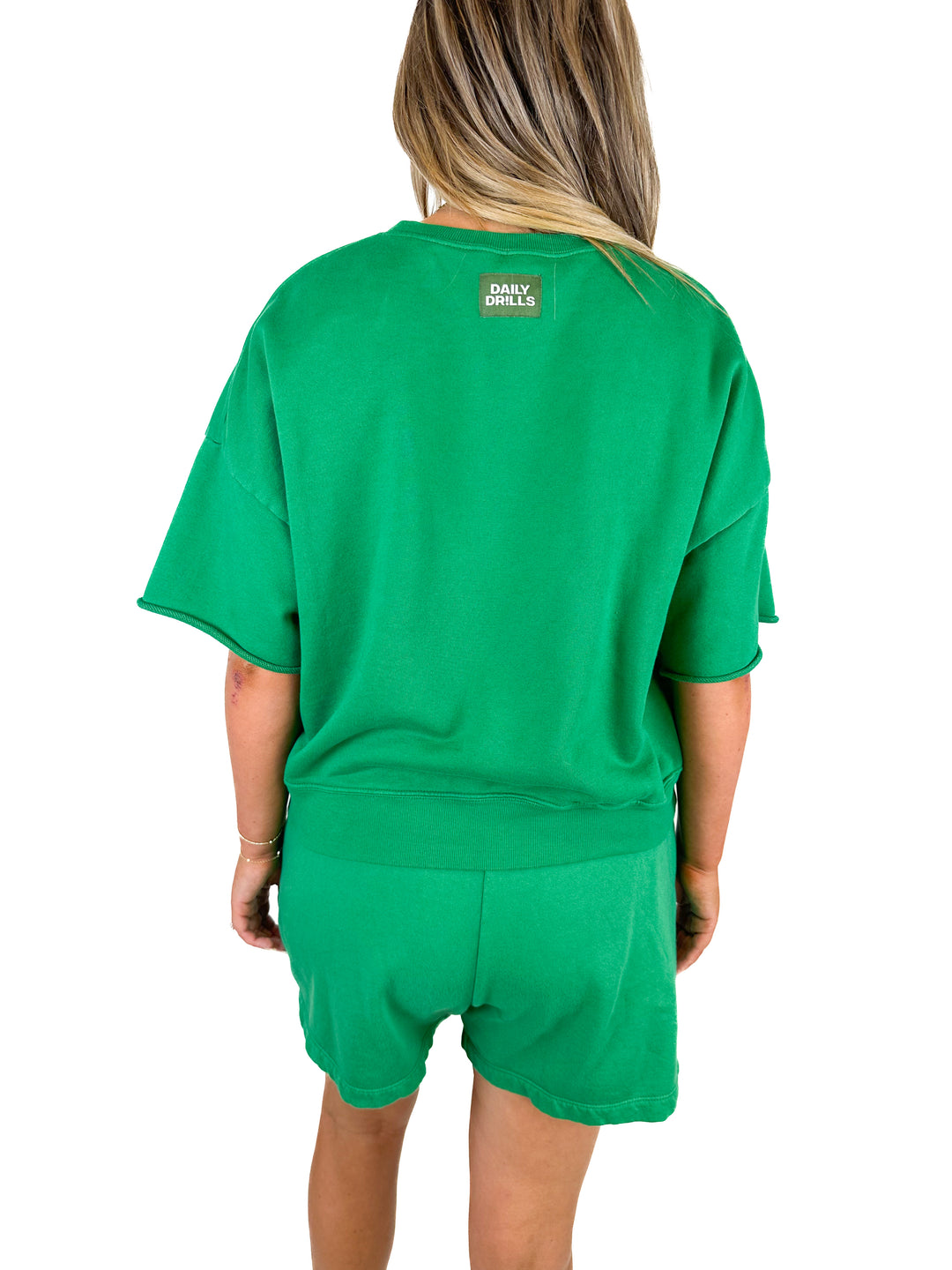 Daily Drills Green Oversized Cropped Sleeve Top & Shorts Set (Top XS/S; Shorts M/L)