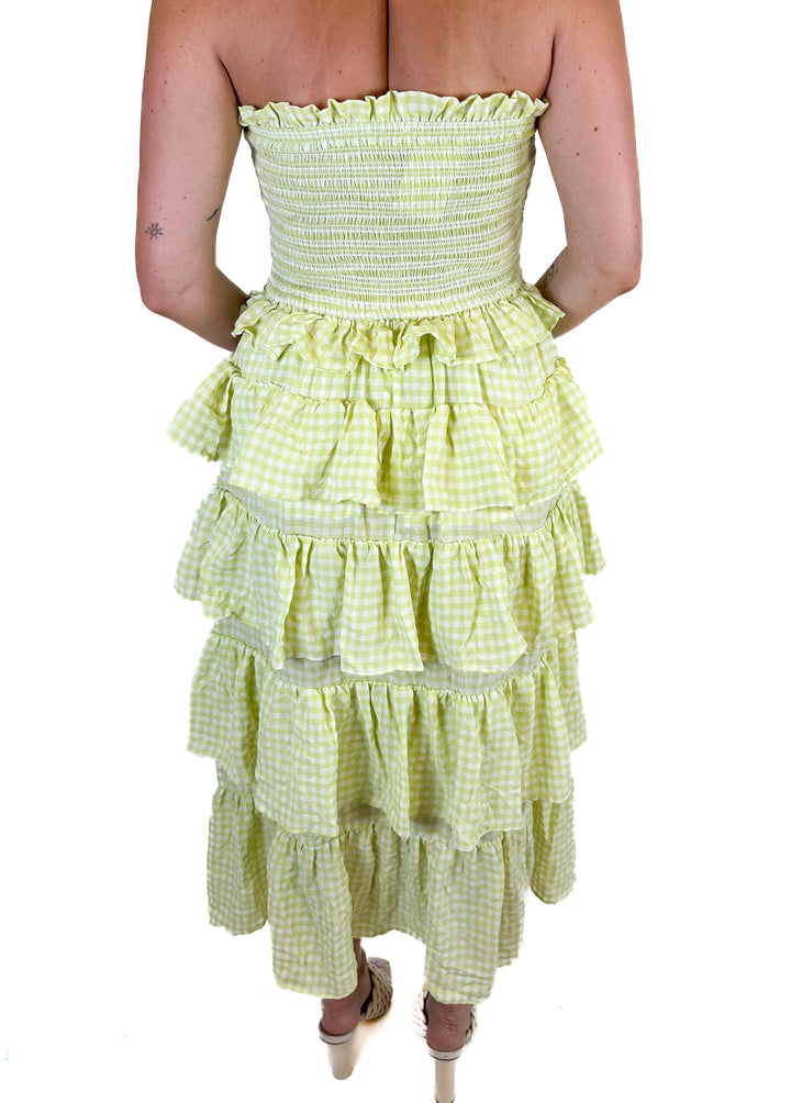 Mable Green and White Checked Strapless Dress (L)
