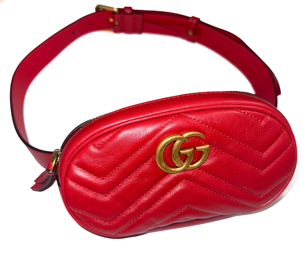 Gucci Calfskin Matelasse GG Marmont Belt Bag in Red (retail $1,500)