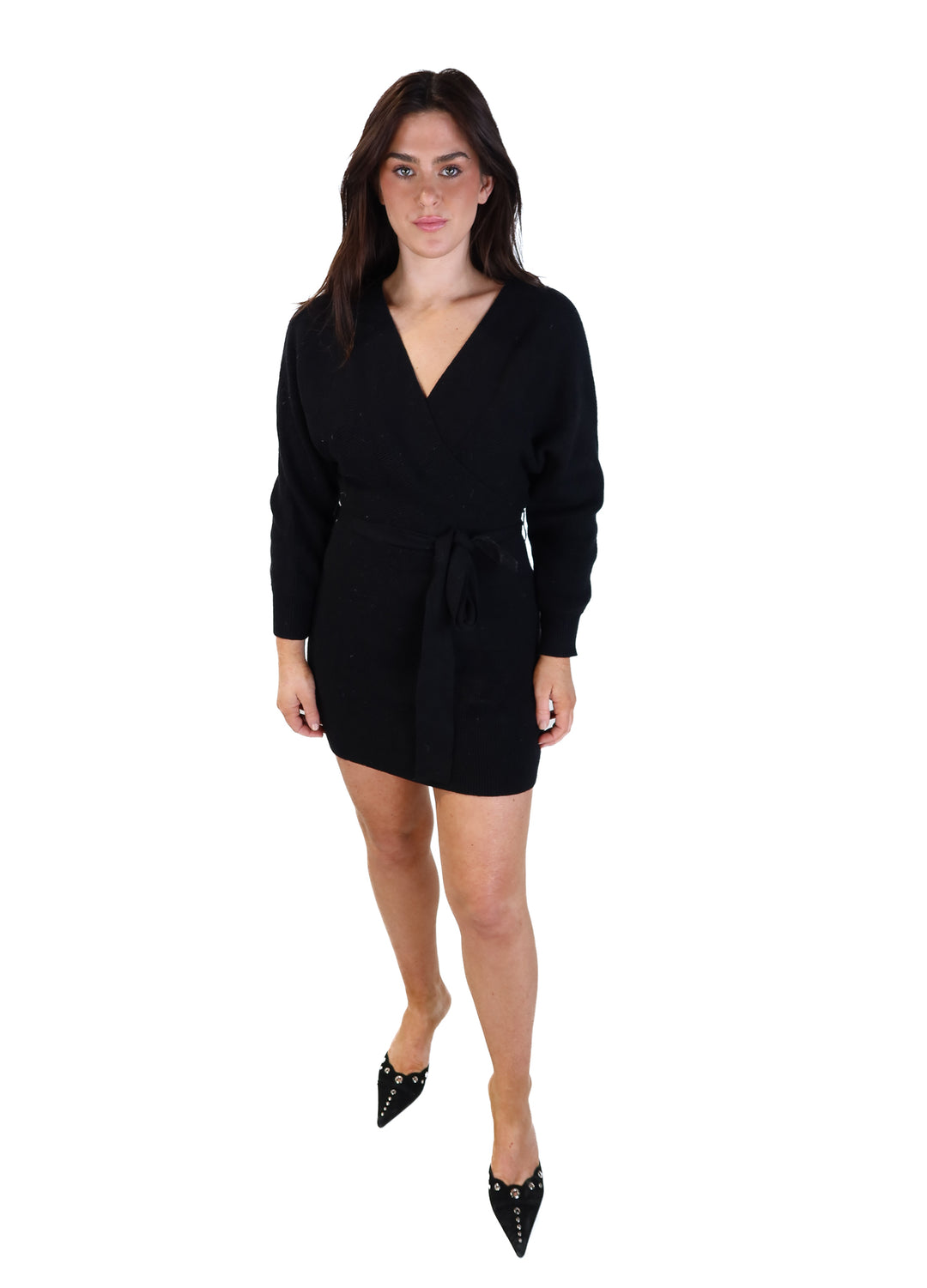 Pink lily black knit surplice dress (s; retail $78)