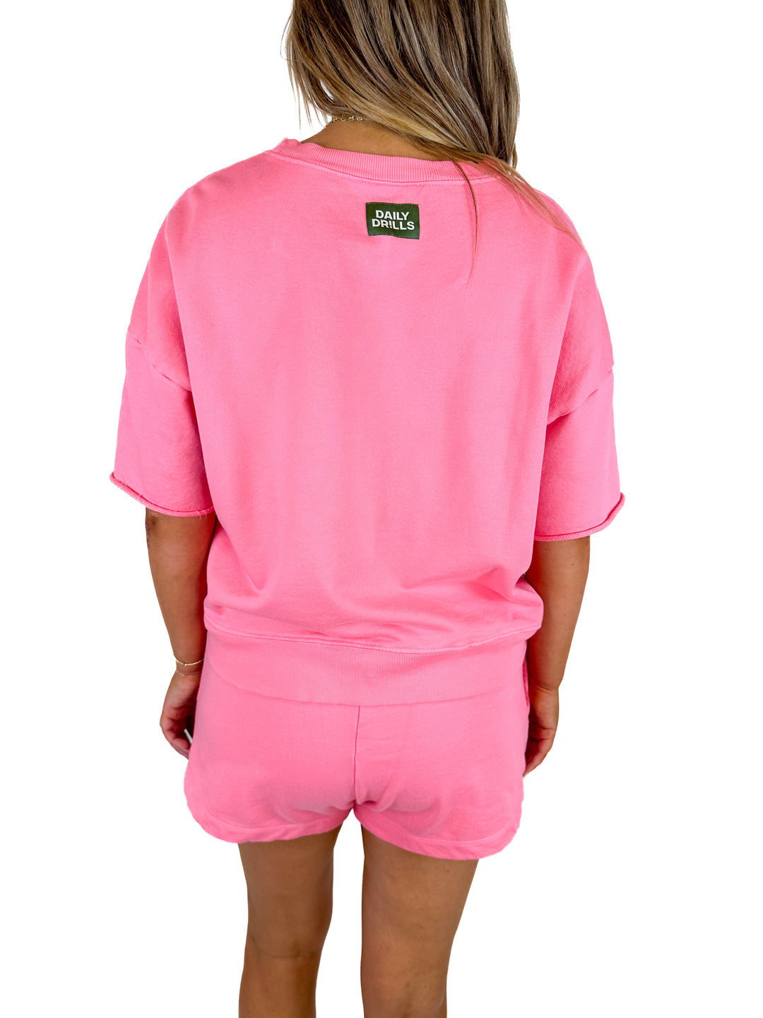 Daily Drills Pink Oversized Cropped Sleeve Top And Shorts Set (Top XS/S, Shorts XS)