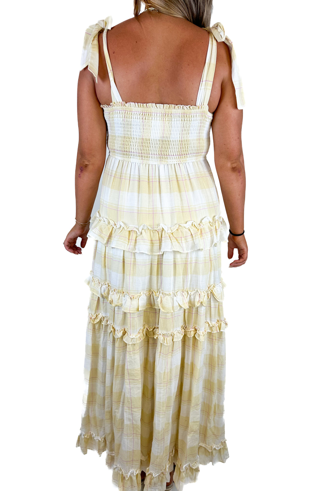 Storia Sunny Days Tiered Plaid Ruffle Smocked Maxi Dress (M)