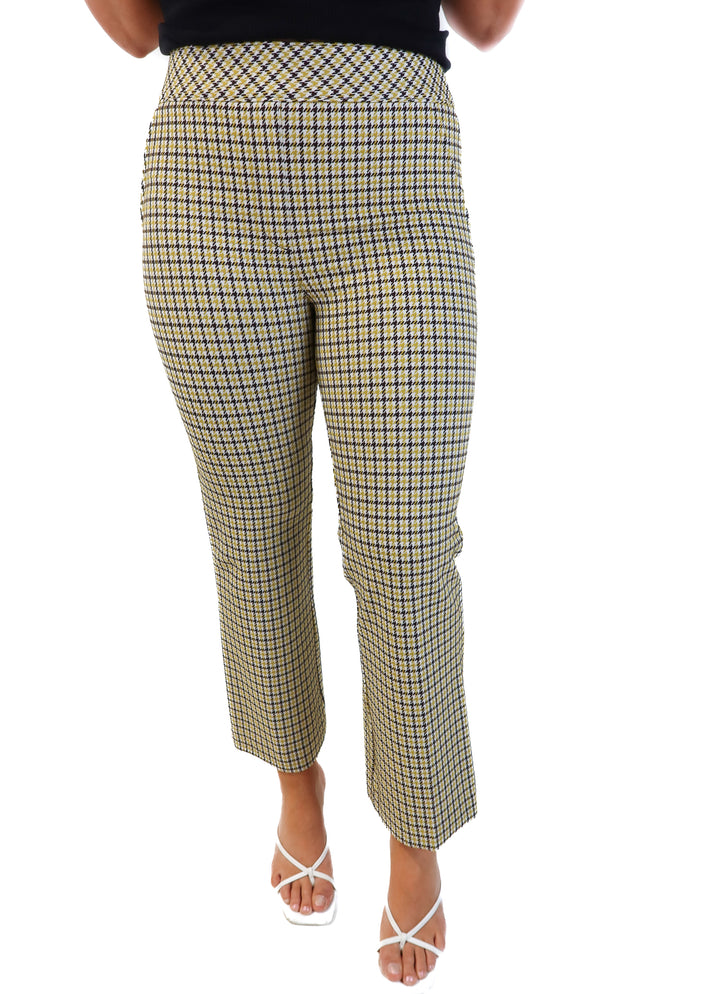 Spanx yellow/brown houndstooth flare trouser (M; retail $138)