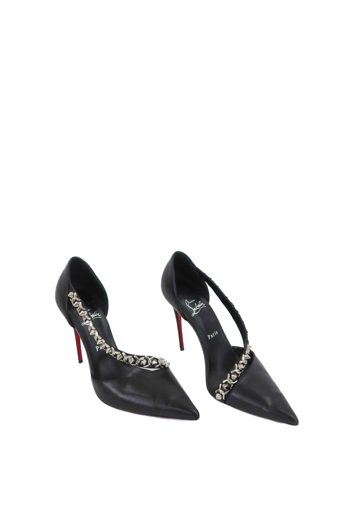 christian louboutin deomina chain 100 black leather spike heels (40; retail $945)