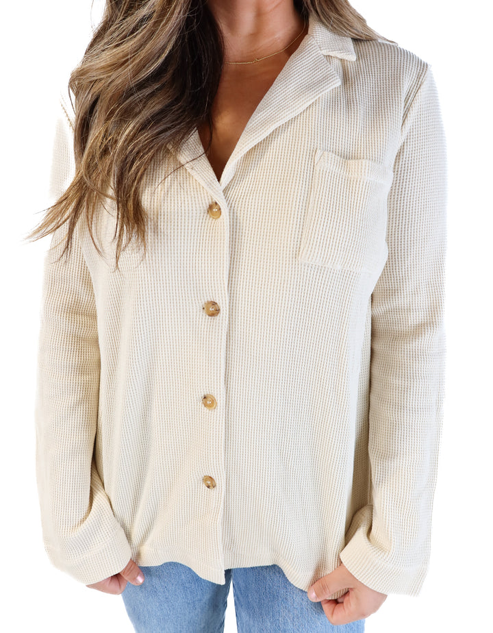 Legoe cream waffle knit button up (0; retails for $77)