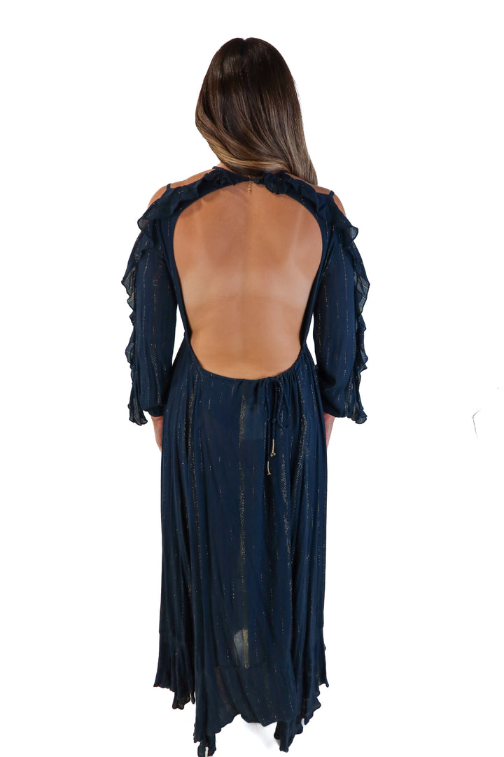 Free people navy/gold metallic maxi dress (xs)