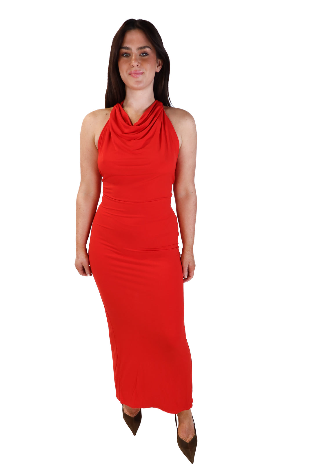 Red high neck backless maxi dress (s)