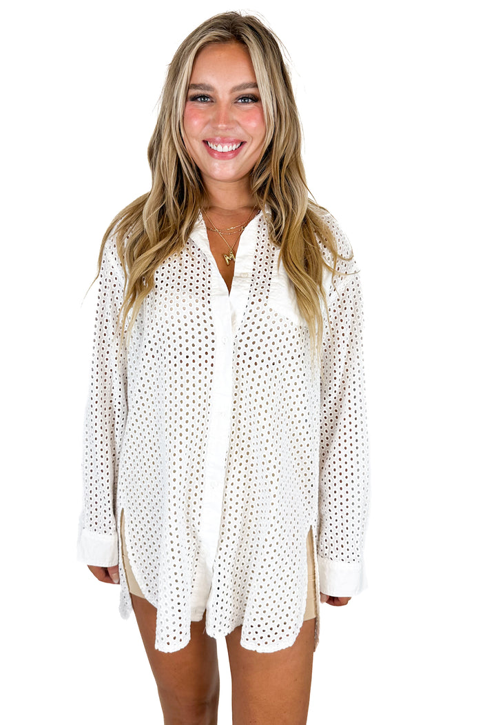 Shirty White Eyelet Long-Sleeved Button Down (L/XL)
