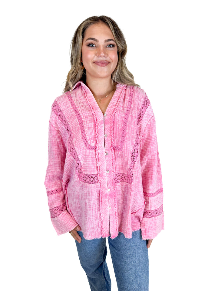 Sewn and Seen Pink Shirt With Lace Detail NWT (M)