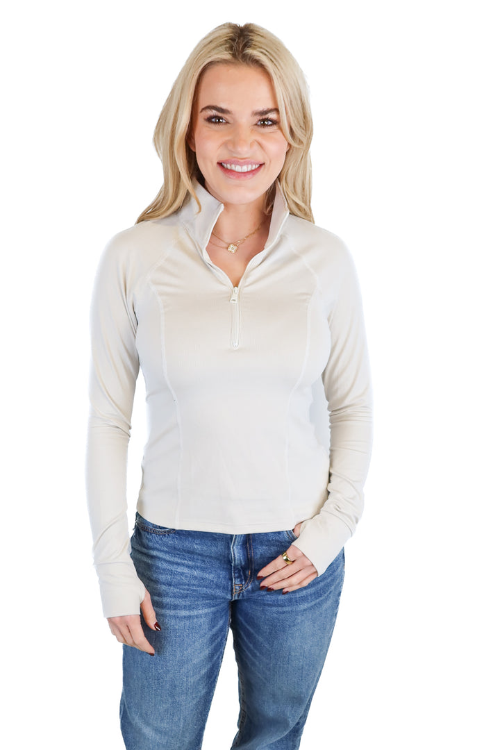 beyond yoga neutral striped quarter zip (s; retail $128)