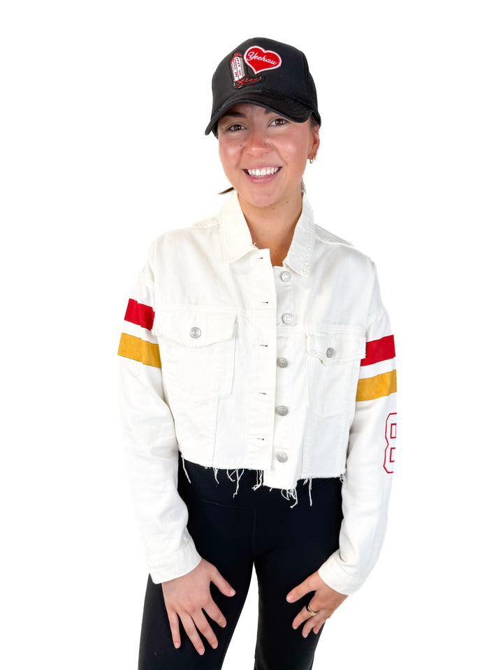 AUCTION denim designs by LV white gameday jacket (L)- ends 5/20 at 8pm CT
