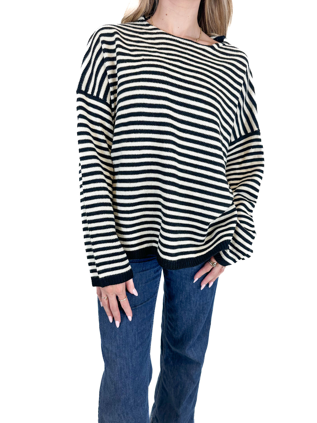 Carly Jean Black and White Stripe Sweater (O/S)