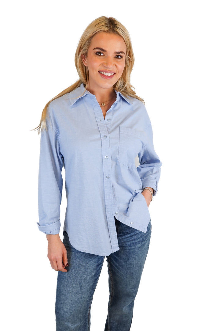 dynamite blue button up (s)