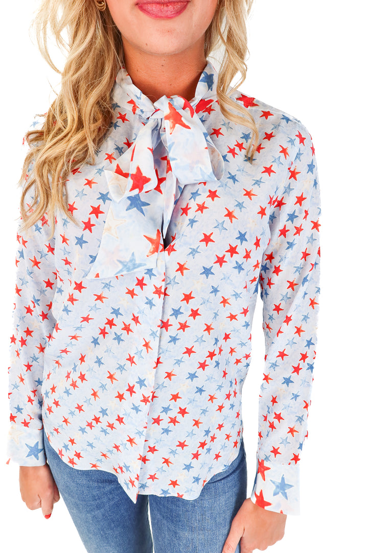 Sandro Blue Star Print Silk Neck Tie Blouse (1/S)