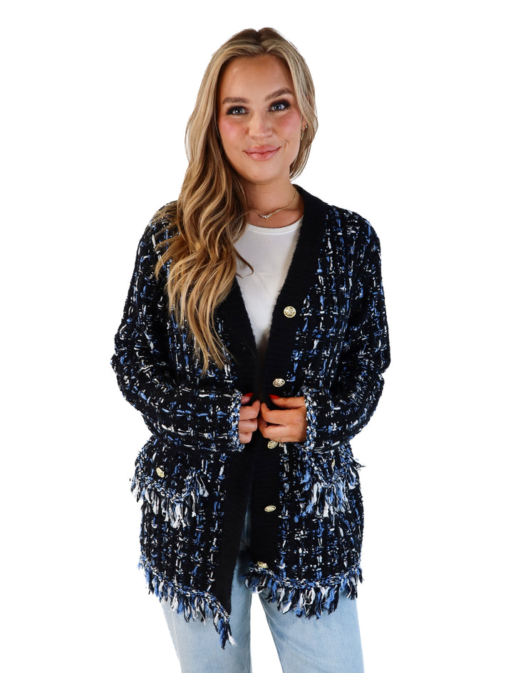 Anthropologie black/blue tweed fringe cardigan (m; retail $118)