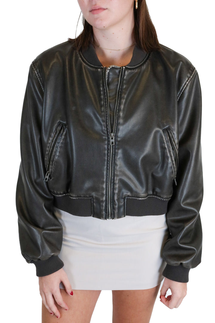 Zara Dark Greyish Brown Vegan Leather Bomber Jacket (XL)