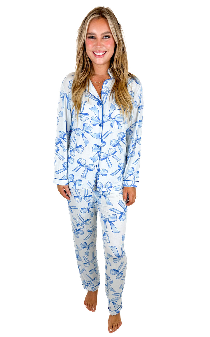 In My Sundays Bow Tie Print Long Sleeve Pajama Set (M)