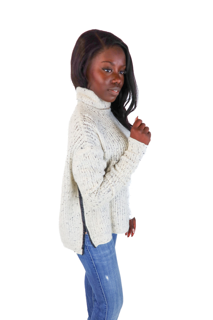 J Brand Cream/Grey Leather Trim Turtleneck Sweater (M)