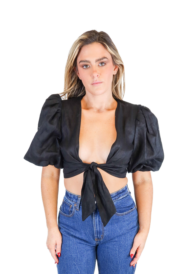 Dissh black linen tie front top NWT (4; retail $89.99)