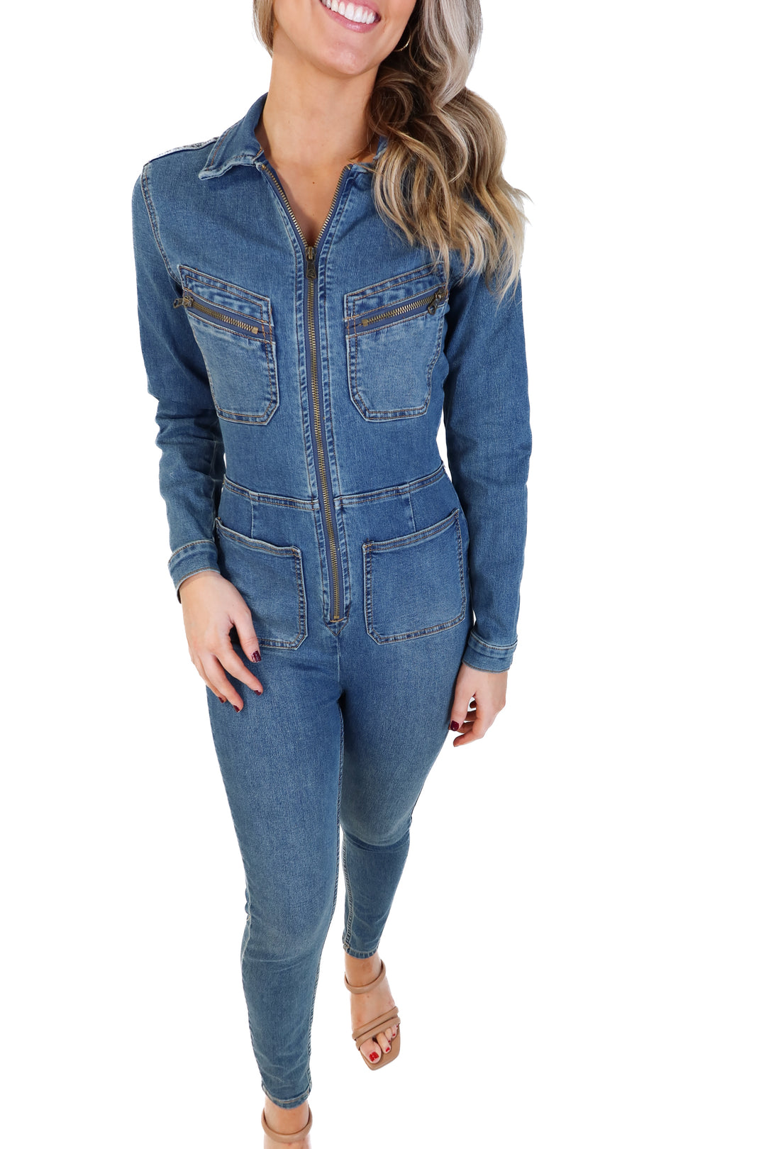 Free people medium wash denim jumpsuit (xs; retail $168)