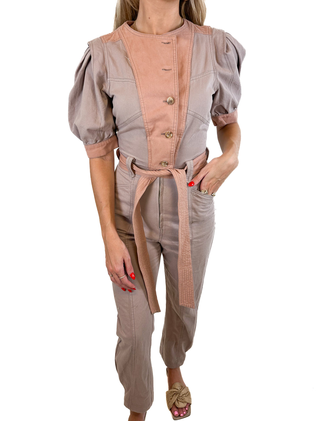 Current Air Contrast Denim Short Sleeve Jumpsuit  (XS)