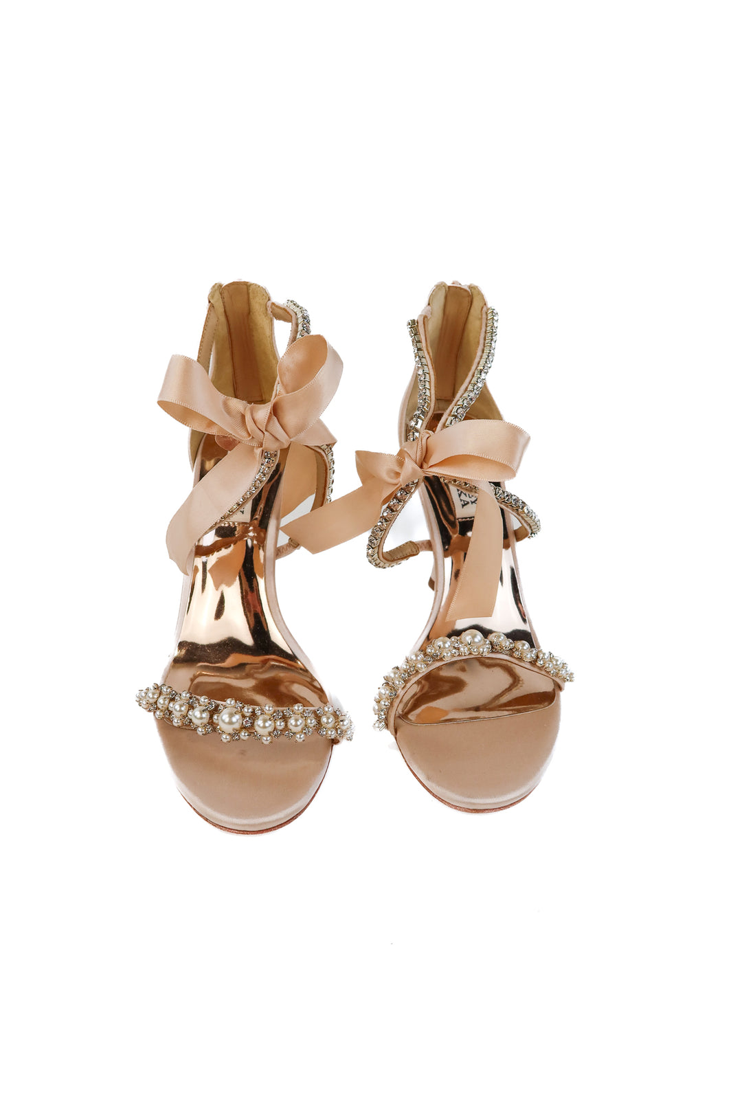 Badgley mischka rose gold satin and crystal heels NWOT (6.5; retail $259)