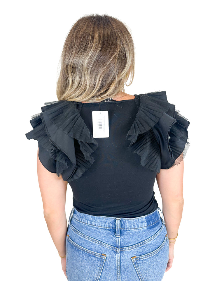 BCBGMAXAZARIA Black Ruffle Top (M)