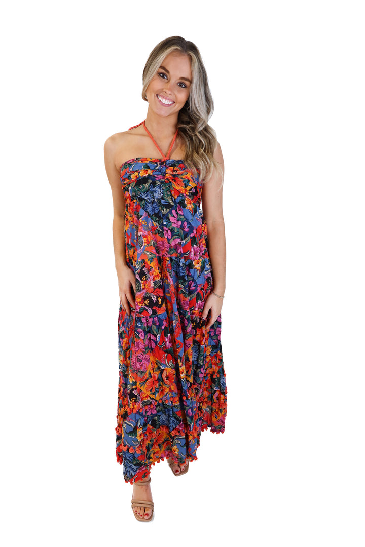 Olivaceous tropical halter dress (s; retail $79)