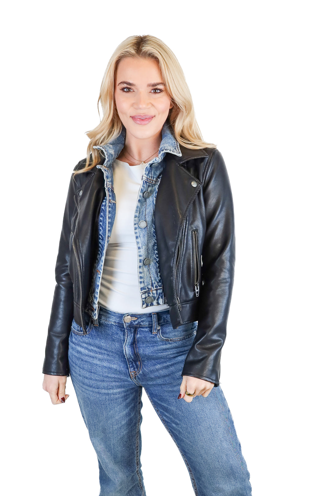 blanknyc black faux leather/denim jacket (xs; retail $188)