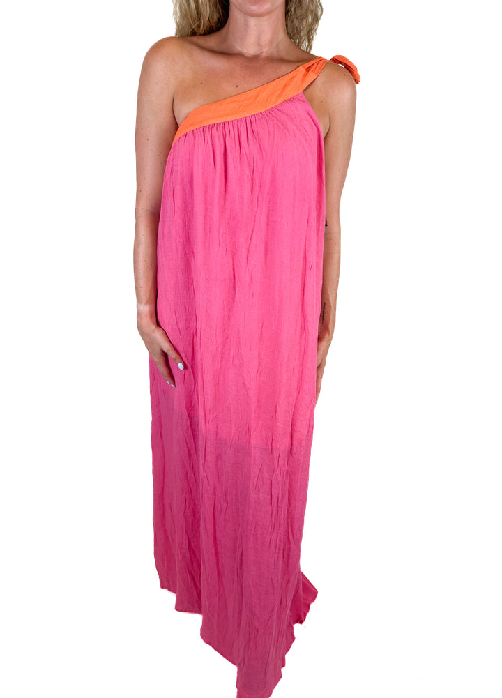 Aakaa Hot Pink & Orange One-Shouldered Maxi Dress (M)
