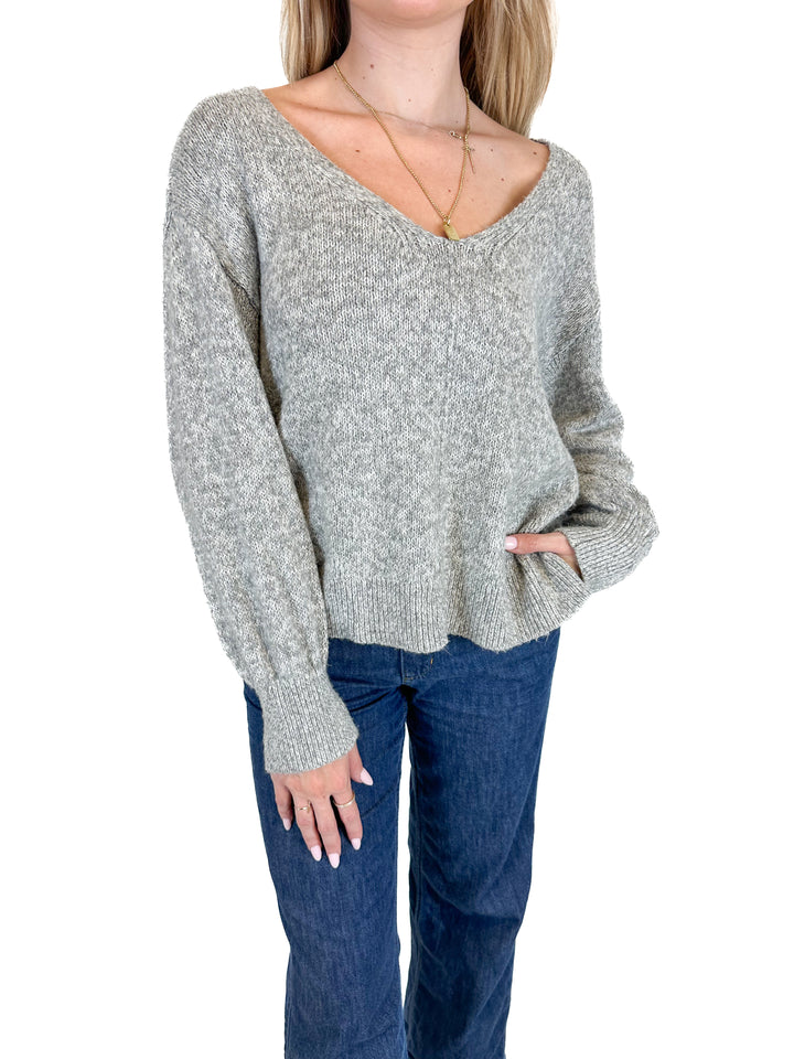 Brass Plum Heathered Grey V-Neck Sweater (S)