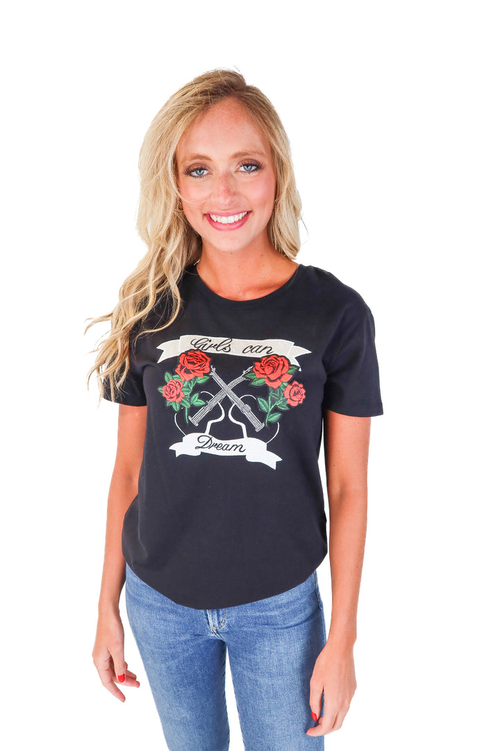 Sandro Black Rose Guitar Embroidered Tee (2/M)