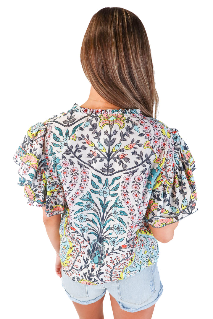 Maria Cher Teal Floral Ruffle Sleeve Top (XS; retail $425)