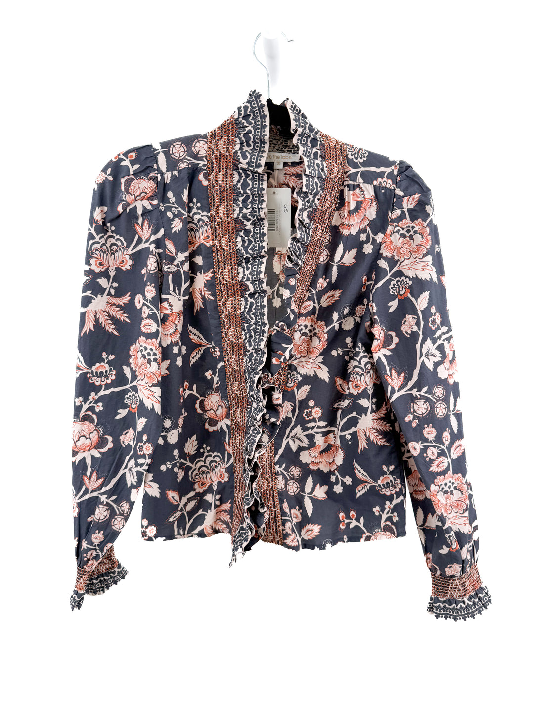 love the label blue floral ruffle button up top (s; retail $225)