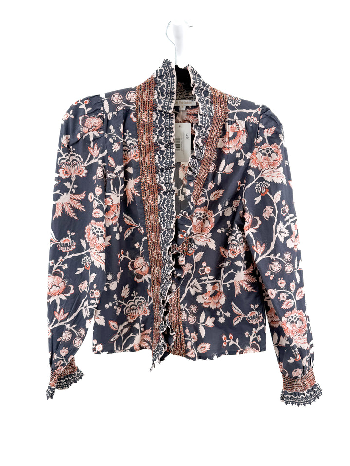 love the label blue floral ruffle button up top (s; retail $225)