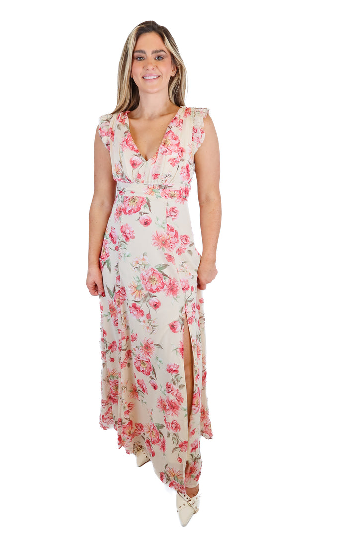 Vici Cream/Pink Floral Ruffle Maxi Dress (S)