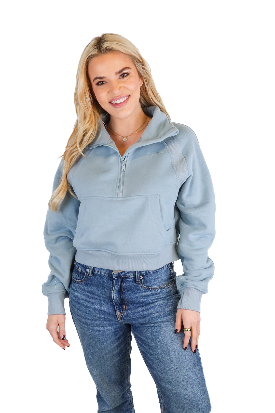 acta blue cropped quarter zip sweatshirt (s/m; retail $65)