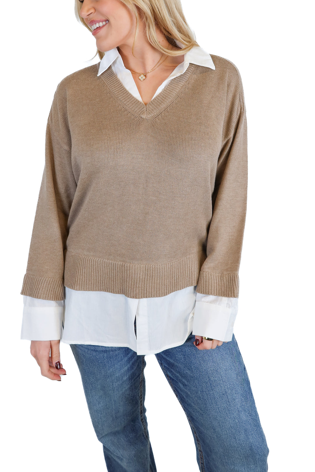 Vici Taupe and White Collared sweater (S; retail $76)